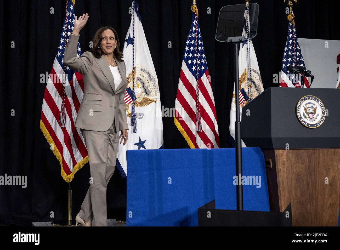 Vice President Kamala Harris waves to attendees during an event at the C.W. Avery Family YMCA in Plainfield, Illinois on Friday June 24, 2022. Photo by Christopher Dilts/UPI Credit: UPI/Alamy Live News Stock Photo