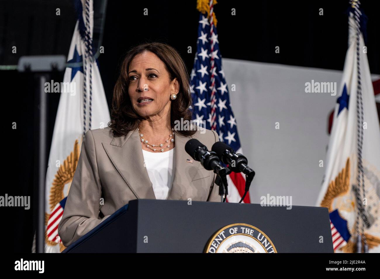 Plainfield, USA. 24th June, 2022. Vice President Kamala Harris speaks