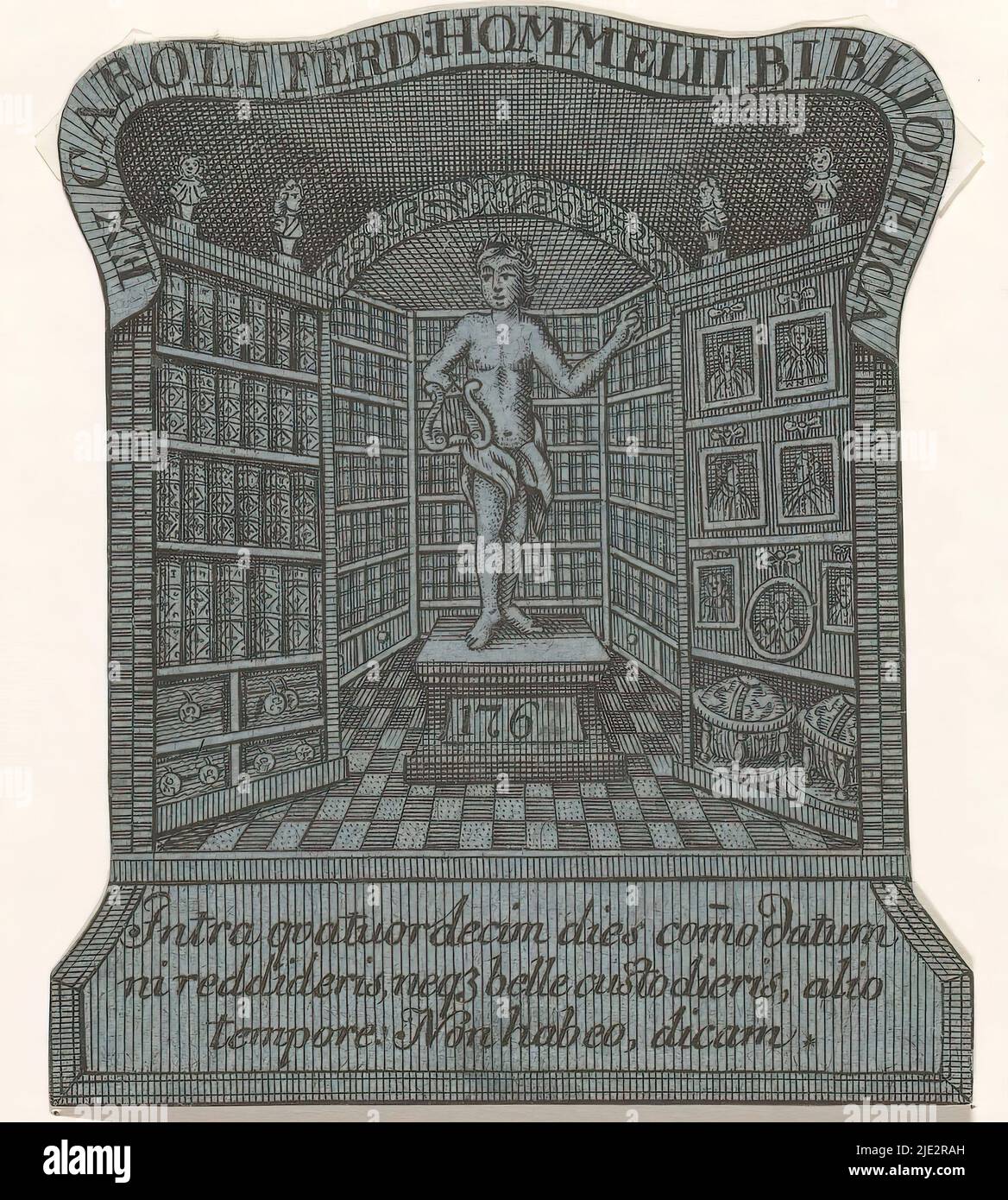 Ex libris of Karl Ferdinand Hommel, Ex Caroli Ferd. Hommelii Bibliotheca (title on object), Ex-libris of the German jurist Karl Ferdinand Hommel. In front of a bookcase is a statue of Apollo. Against the wall to the right a portrait collection and a shelf with two globes. Below a three-line motto in Latin., print maker: anonymous, 1767, paper, etching, engraving, snipping, height 82 mm × width 69 mm Stock Photo