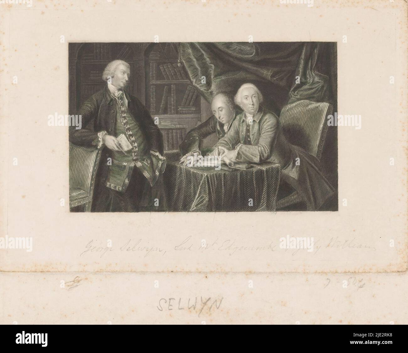 Group portrait of Richard Edgcumbe, George Augustus Selwyn and George Williams, Selwyn standing with his arm leaning on a chair, a book in his right hand. At the table are Williams and Edgcumbe. The latter looks up from his work; a pen in his right hand. In the background, a cabinet with books., print maker: William Greatbach, after design by: George Perfect Harding, after painting by: Joshua Reynolds, 1812 - 1865, Material, etching, engraving, height 150 mm × width 227 mm Stock Photo