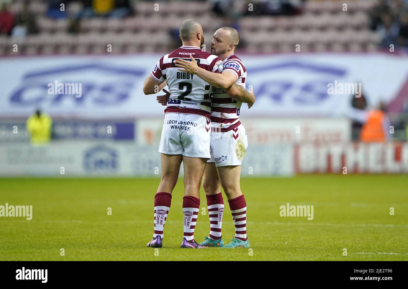 Wigan Warriors celebrate after the Betfred Super League match at the DW Stadium, Wigan. Picture date: Friday June 24, 2022. Stock Photo