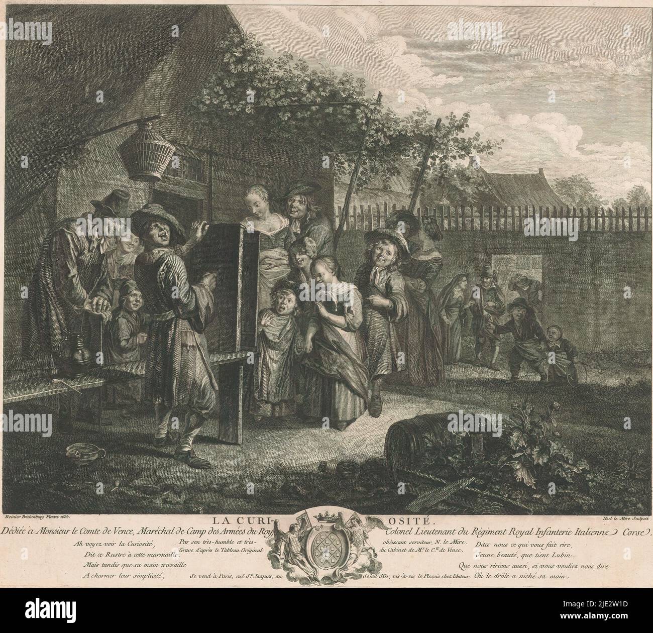 Curiosity, La curiosité (title on object), In a courtyard in front of a farmhouse or inn, a man stands with a viewing box. Around him men, women and children have gathered. In the background, a child with a hoop approaches. Below the image an eight-line caption and the coat of arms of Claude Alexander de Villeneuve, Count of Vence, with an angel on either side., print maker: Noël Le Mire, (mentioned on object), after painting by: Reinier Brakenburg, (mentioned on object), Noël Le Mire, (mentioned on object), Paris, 1734 - 1801, paper, etching, engraving, height 353 mm × width 396 mm Stock Photo