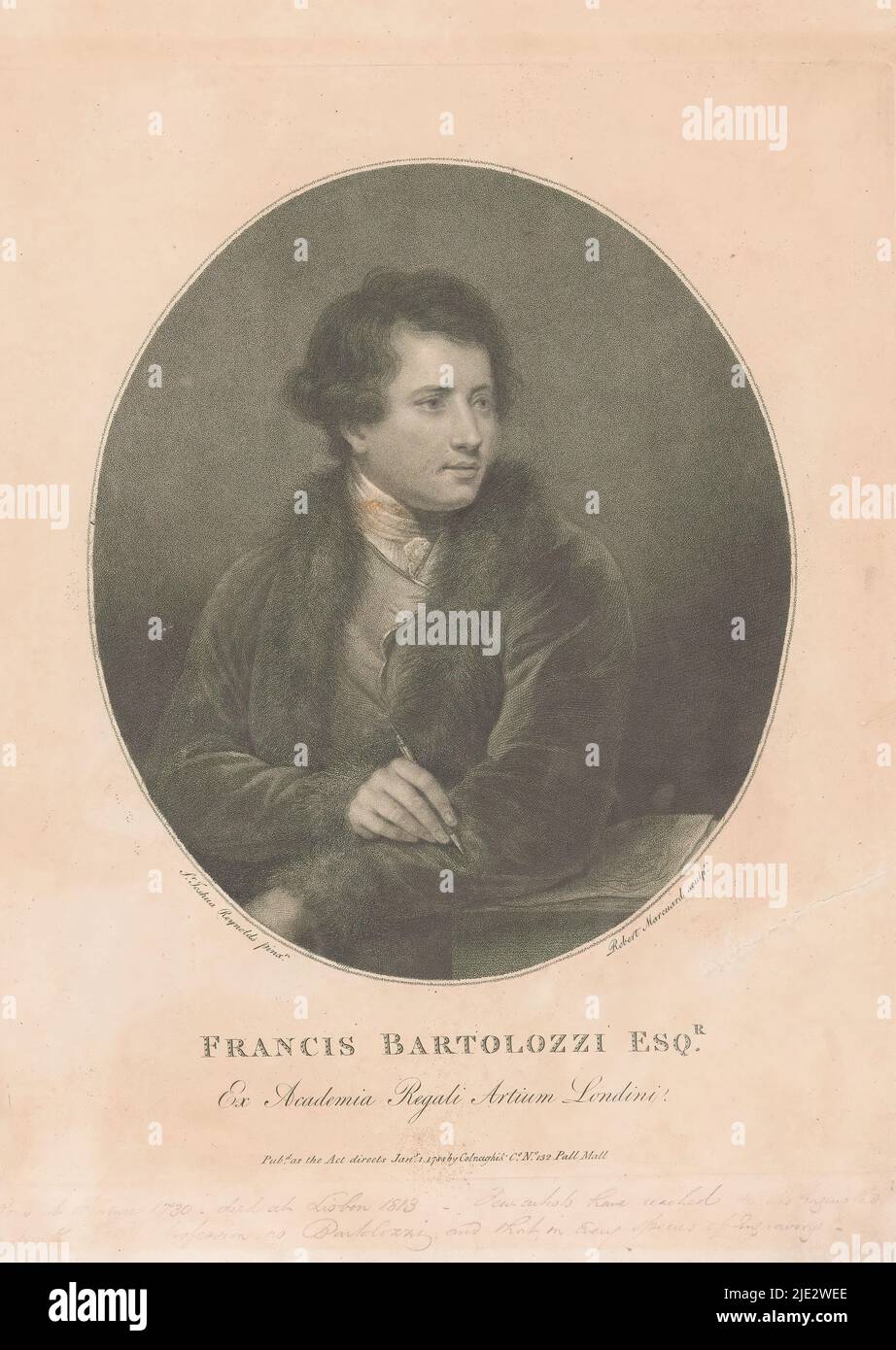 Portrait of printmaker Francesco Bartolozzi, Francis Bartolozzi Esqr. (title on object), Portrait of Francesco Bartolozzi in a coat with a fur collar holding an etching needle in his right hand. With his left elbow he leans on a table with a print on it., print maker: Robert Samuel Marcuard, (mentioned on object), after painting by: Joshua Reynolds, (mentioned on object), publisher: Colnaghi & Co, (mentioned on object), London, Jan-1788, paper, etching, height 321 mm × width 265 mm Stock Photo