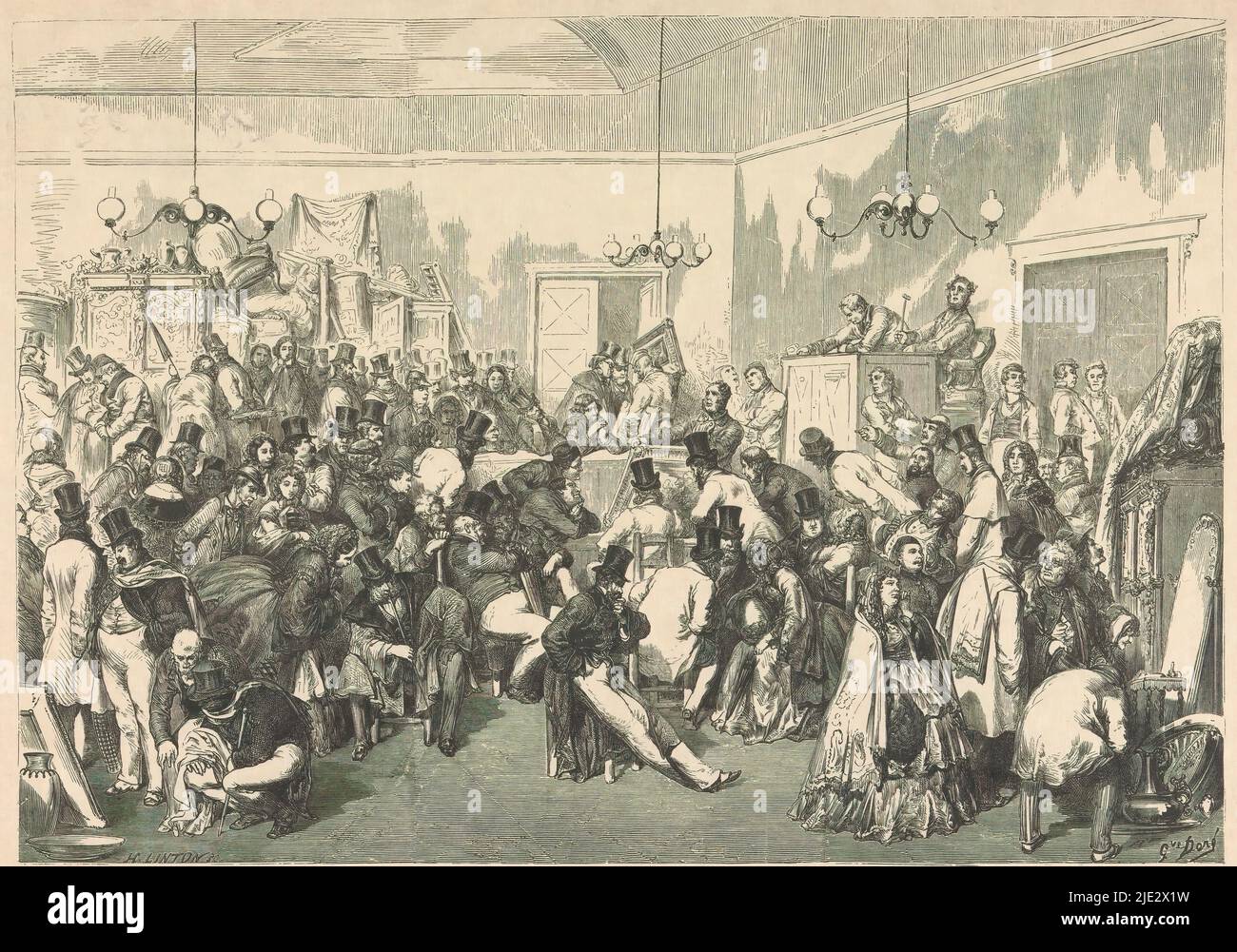 Estate Auction, Interior of an auction room where a crowded estate auction is in progress. On the right on a rise is the auctioneer and an assistant. Standing and seated men and women view the offerings consisting of furniture, paintings and other household goods., print maker: Henry Duff Linton, (mentioned on object), after design by: Gustave Doré, (mentioned on object), 1842 - 1899, paper, height 292 mm × width 401 mm Stock Photo