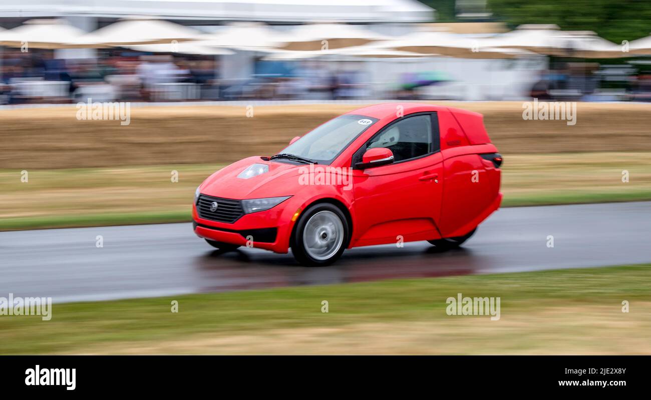 Goodwood, UK. 23rd June, 2022. Electra Meccanica Solo making its way up a rainy circuit during the Goodwood Festival Of Speed at the Goodwood Circuit, Goodwood, UK on 23 June 2022. Photo by Phil Hutchinson. Editorial use only, license required for commercial use. No use in betting, games or a single club/league/player publications. Credit: UK Sports Pics Ltd/Alamy Live News Stock Photo