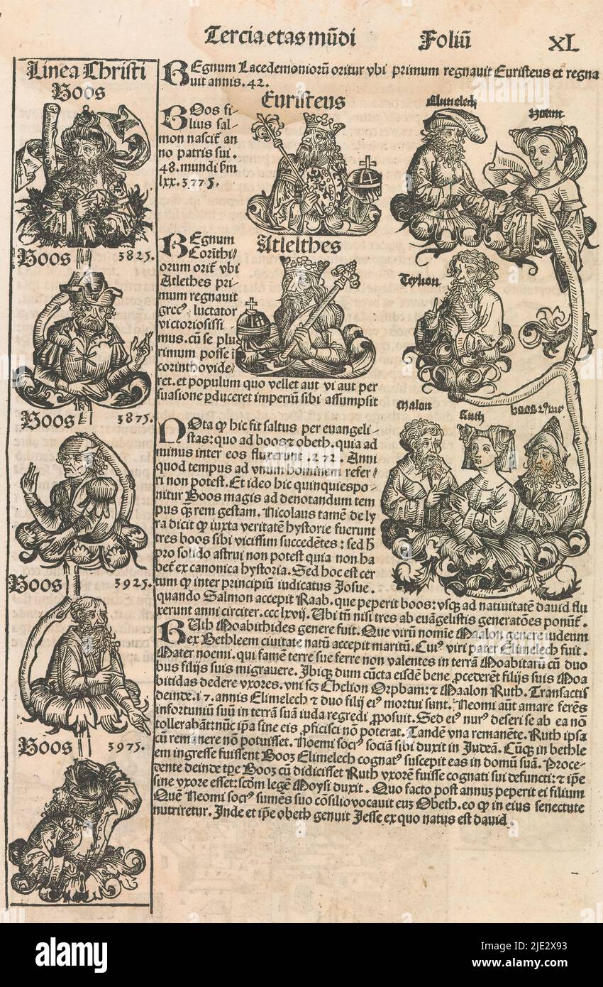 Page from the Nuremberg chronicle of Schedel, folio 40r, Page from the Nuremberg chronicle of Hartmann Schedel with the portraits of Eurystheus and Atlethes. On the left, a fragment of the family tree of Christ; on the right, the family tree of Ruth. Numbered in upper right corner: XL., print maker: Michel Wolgemut, (workshop of), print maker: Wilhelm Pleydenwurff, (workshop of), Hartmann Schedel, Neurenberg, 1493, paper, letterpress printing, height 472 mm × width 322 mm Stock Photo