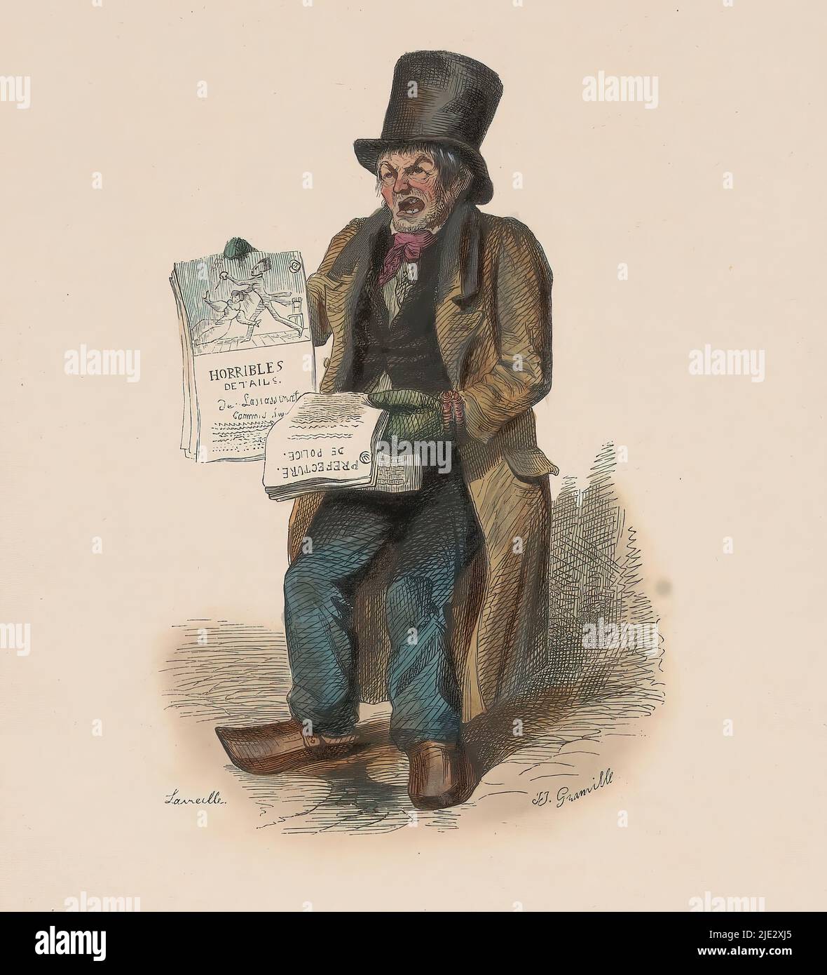 Newspaper Seller, On the street stands a man wearing a top hat and a long coat. In his hands he holds several newspapers or magazines., print maker: Laireille, (mentioned on object), after design by: Jean Ignace Isidore Gérard Grandville, (mentioned on object), c. 1825 - c. 1875, paper, height 242 mm × width 159 mm Stock Photo