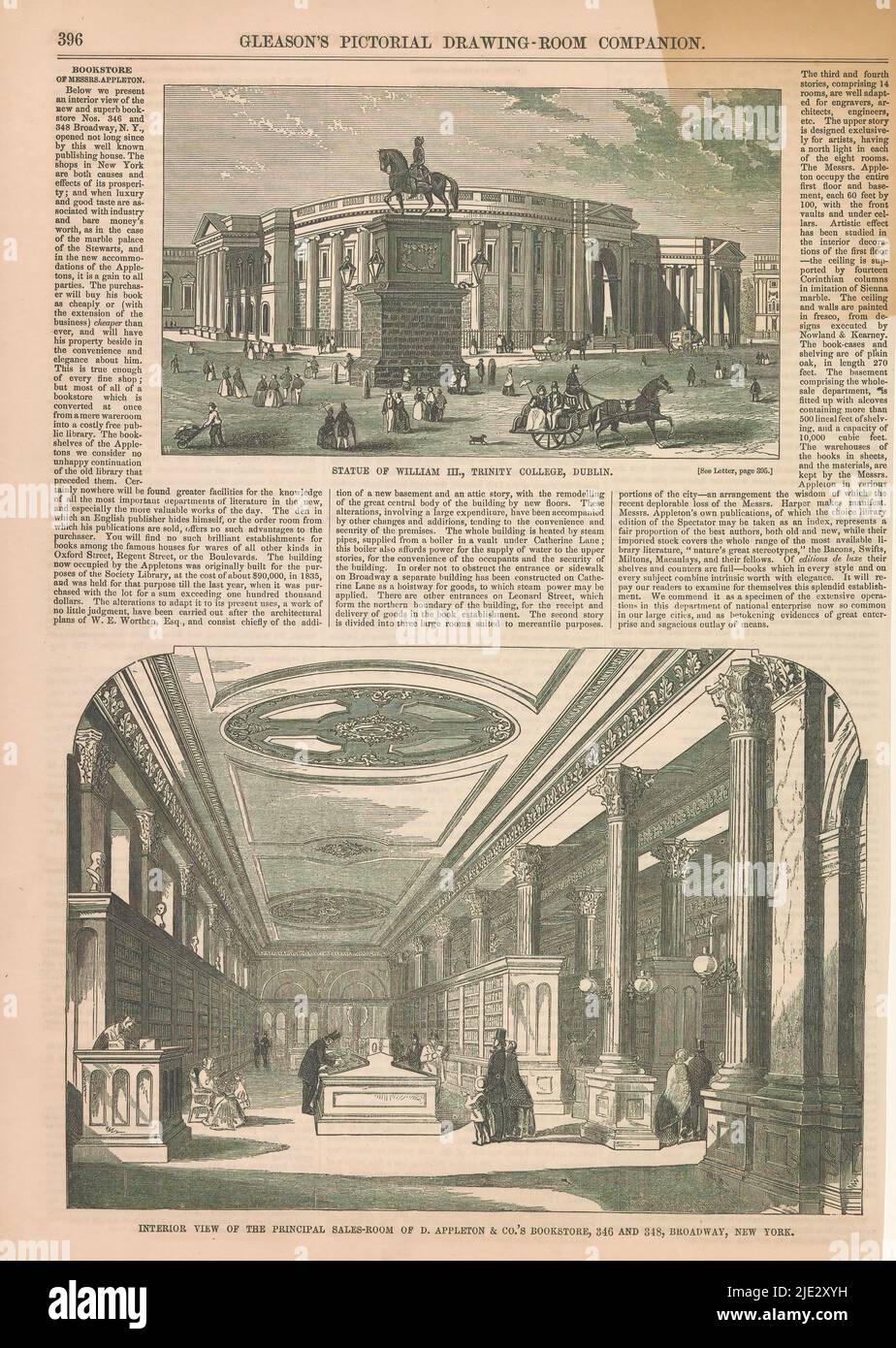 Interior of bookstore D. Appleton & Co. in New York, Two illustrations on a sheet. Above the equestrian statue of William III, Prince of Orange, in the square in front of Trinity College in Dublin. Below the interior of the D. Appleton & Co. bookstore in New York. Numbered top left: 396. Text on recto and verso., print maker: Monogrammist W (prentmaker, 19e eeuw), (mentioned on object), print maker: Whitney Jocelyn Annin, (mentioned on object), New York (city), 1851 - 1854, paper, height 383 mm × width 261 mm Stock Photo