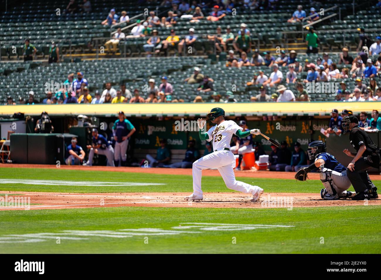 Oakland Athletics Infielder Christian Bethancourt (23) at bat during an MLB game between Seattle Mariners and Oakland Athletics at the RingCentral Col Stock Photo