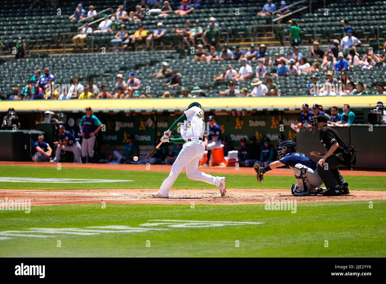 Oakland Athletics Infielder Christian Bethancourt  (23) at bat during an MLB game between Seattle Mariners and Oakland Athletics at the RingCentral Co Stock Photo