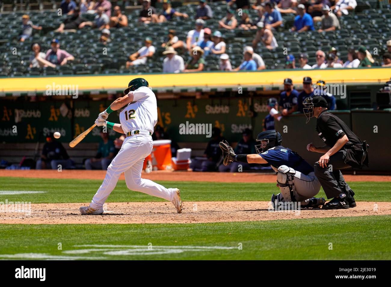 Oakland Athletics Catcher Sean Murphy (12) at bat during an MLB game
