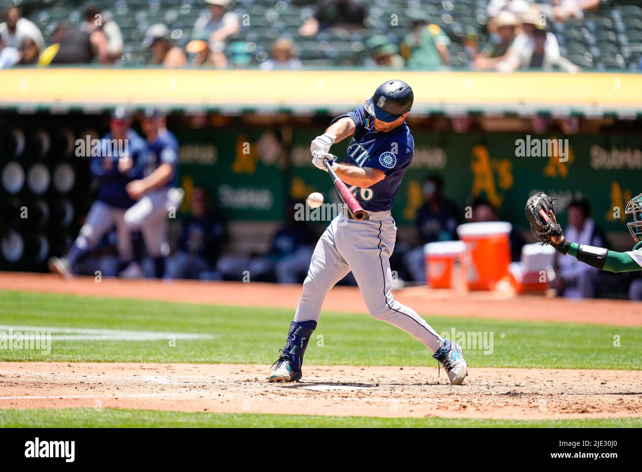 Seattle Mariners Infielder  Adam Frazier (26) at bat during an MLB game between Seattle Mariners and Oakland Athletics at the RingCentral Coliseum in Stock Photo