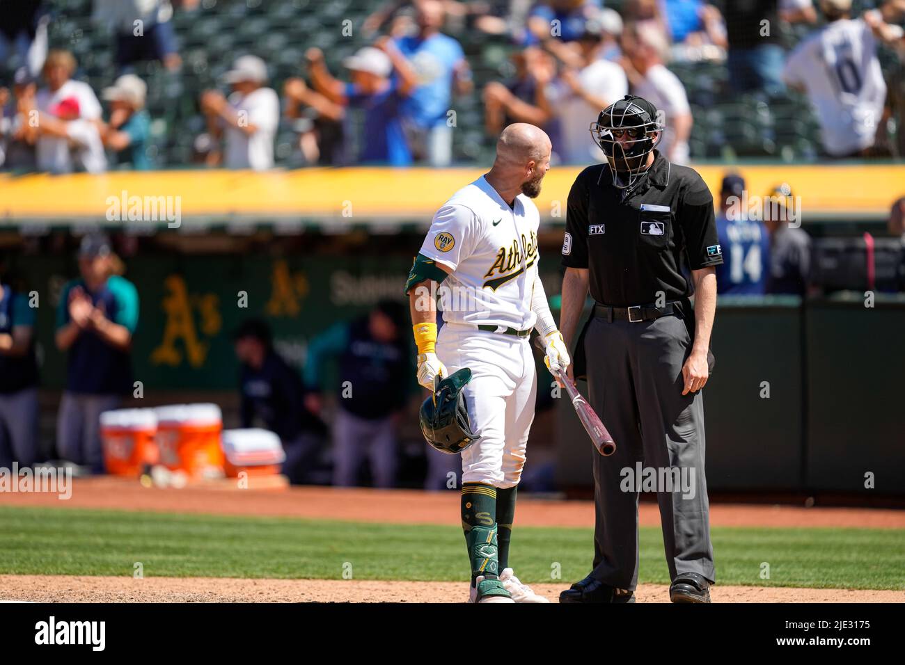 Oakland Athletics Infielder Seth Brown (15) yells at the umpire during an MLB game between Seattle Mariners and Oakland Athletics at the RingCentral C Stock Photo