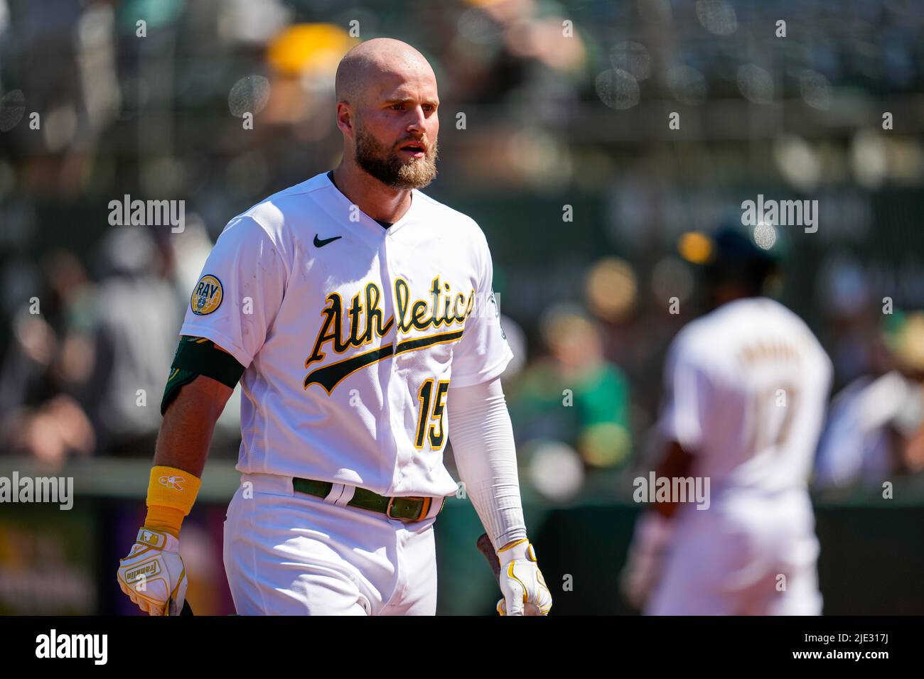 Oakland Athletics Infielder Seth Brown (15) during an MLB game between Seattle Mariners and Oakland Athletics at the RingCentral Coliseum in Oakland, Stock Photo