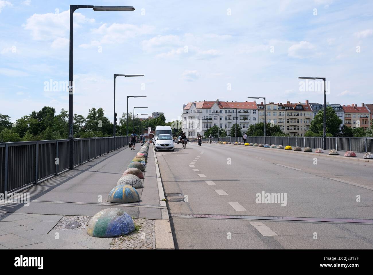 Berlin, Germany, June 24, 2022, view over the Monumentenbrücke bridge towards Schoneberg with residential buildings at Bautzener Strasse Stock Photo