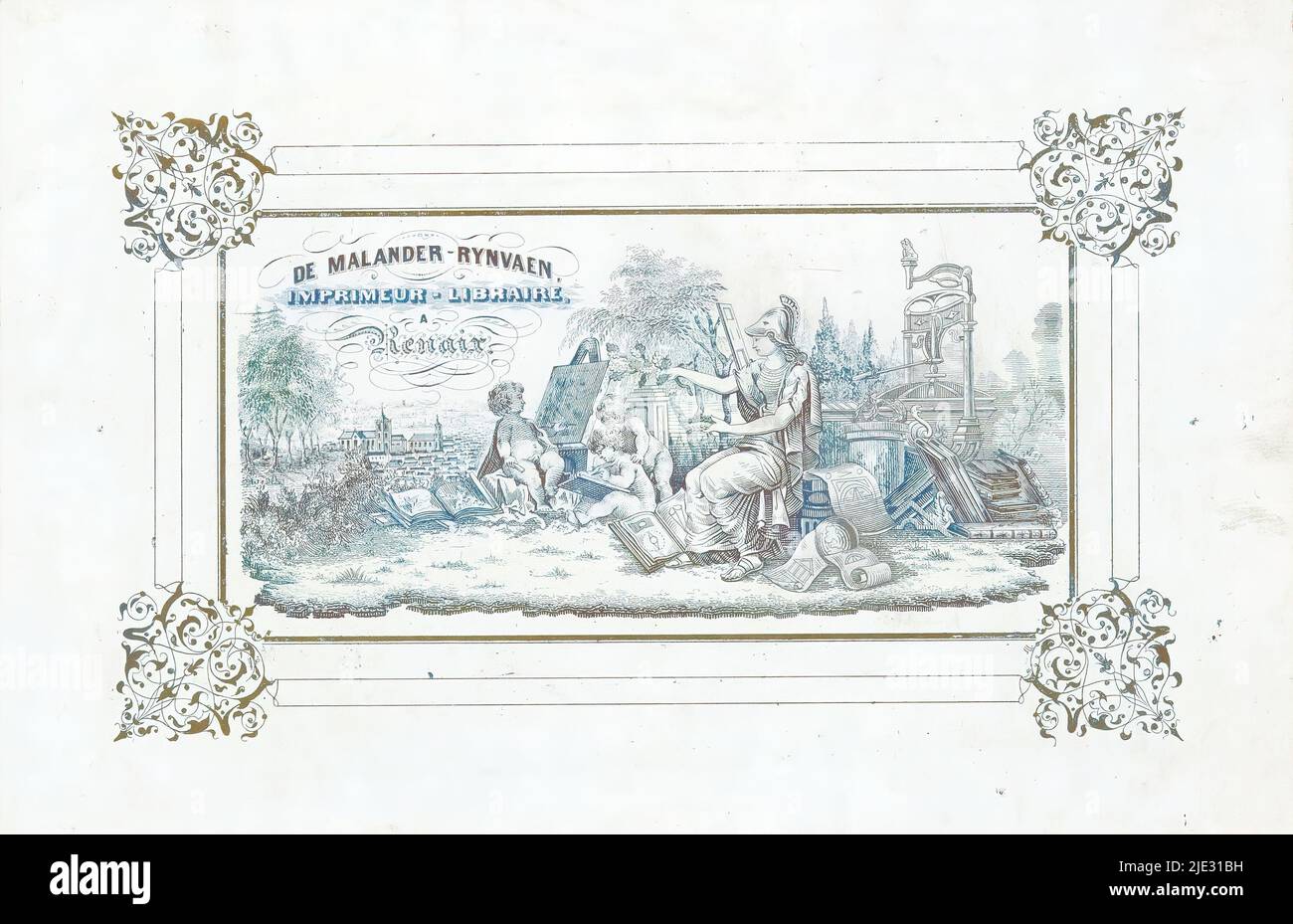 Business card of printing and bookstore De Malander-Rynvaen in Ronse,  Allegorical representation with Minerva holding an oak leaf and laurel  wreath, three putti around an easel and in the background a printing