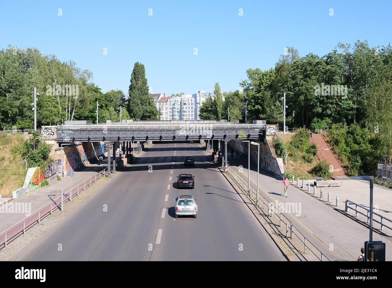 Berlin, Germany, June 22, 2022, view of Yorckstrasse in kreuzberg with Yorck bridges and residential buildings in background Stock Photo