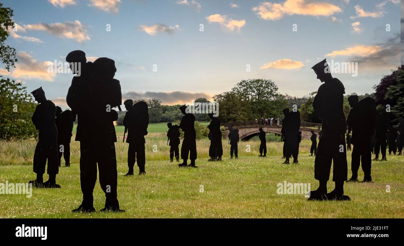 Standing With Giants memorial installation to the dead of the Falklands War - military silhouettes in Thoresby Park, Nottinghamshire, UK on 19 June 20 Stock Photo