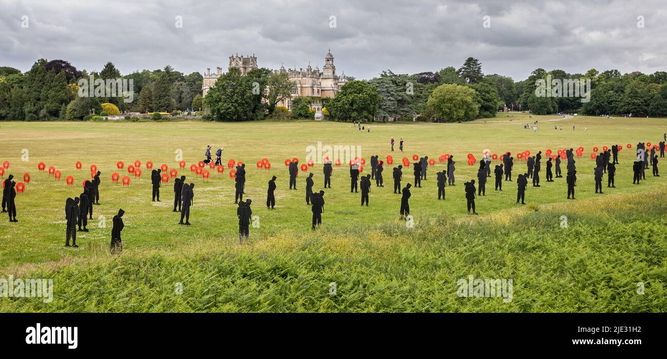 Standing With Giants memorial installation to the dead of the Falklands War - military silhouettes in Thoresby Park, Nottinghamshire, UK on 19 June 20 Stock Photo