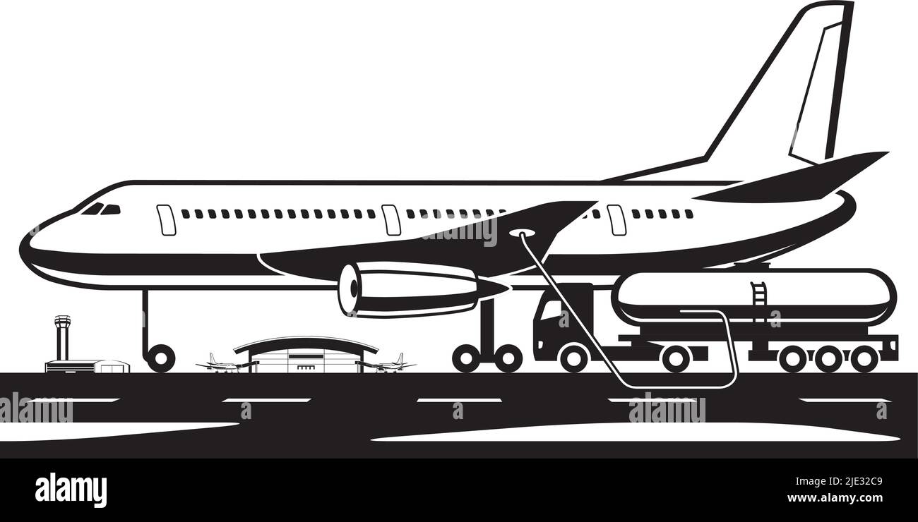 Tank truck loading aircraft with fuel – vector illustration Stock Vector