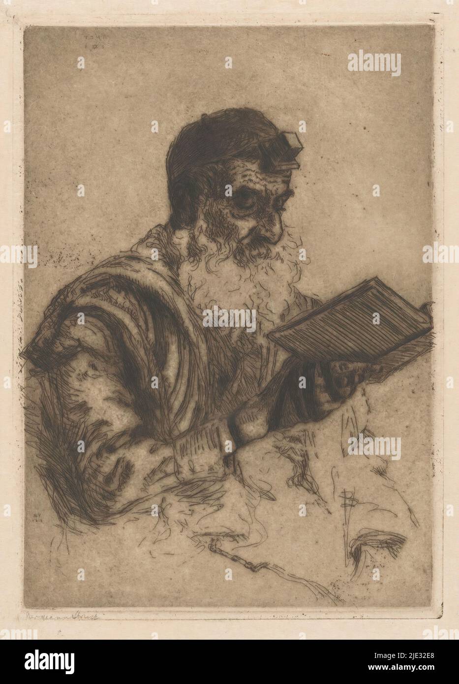 Praying Jewish man, Portrait of a praying Jewish man holding a prayer book in his right hand. He wears prayer belts, the tefilin, and a prayer rug, the tallit., print maker: Hermann Struck, (signed by artist), New York (city), 1913, paper, etching, drypoint, height 209 mm × width 148 mm Stock Photo