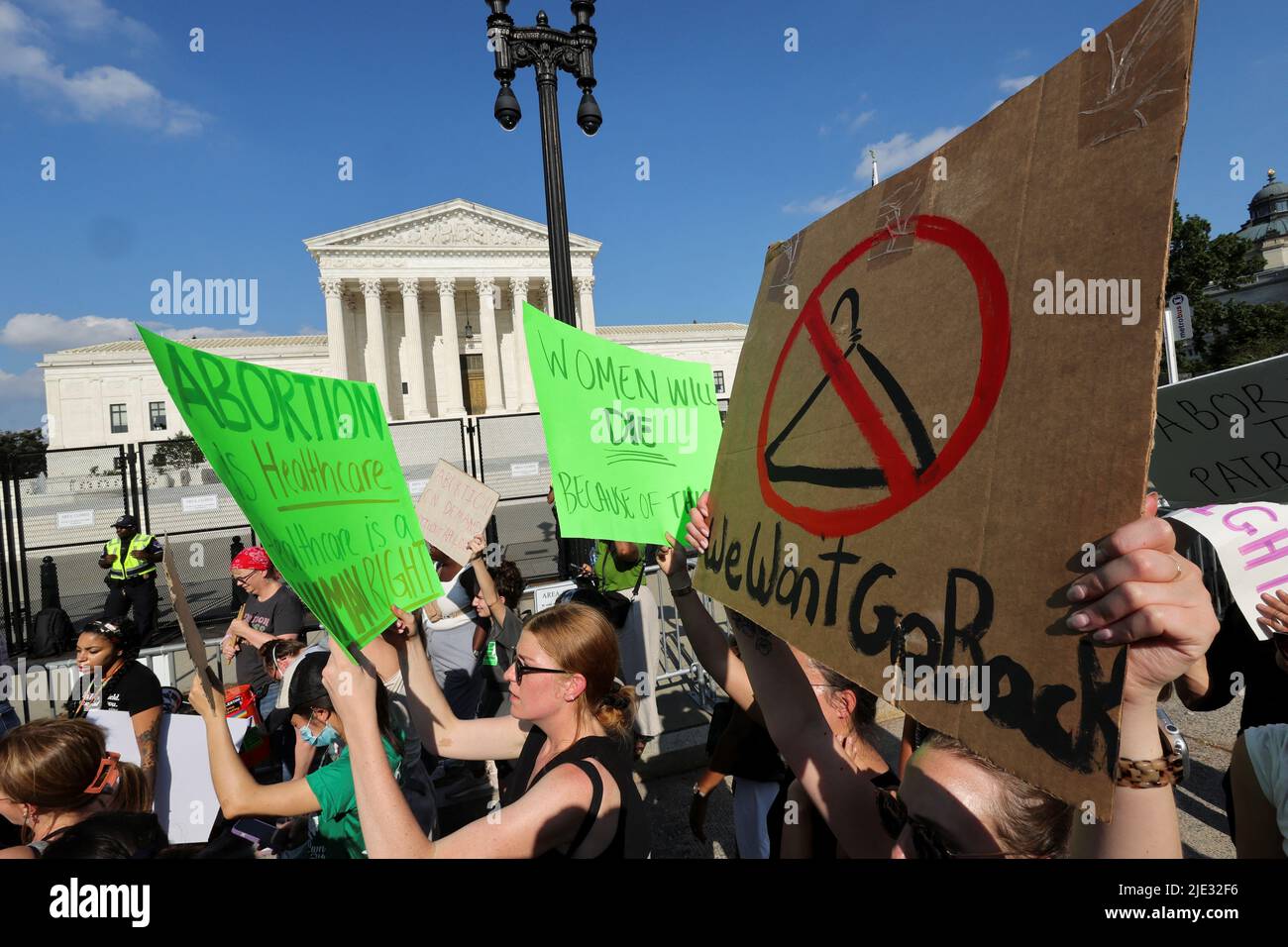 Abortion rights demonstrators protest outside the United States Supreme Court as the court rules in the Dobbs v Women's Health Organization abortion case, overturning the landmark Roe v Wade abortion decision, in Washington, DC, U.S., June 24, 2022. REUTERS/Jim Bourg Stock Photo
