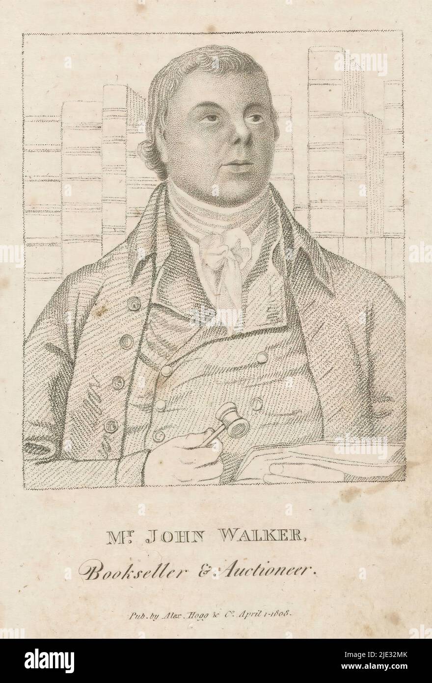 Portrait of bookseller and auctioneer John Walker, Mr. John Walker, Bookseller & Auctioneer (title on object), Portrait of Walker in front of a bookcase, in his hands an auction hammer and a piece of paper., print maker: anonymous, after print by: William Ridley, (possibly), after painting by: Samuel Drummond, (possibly), London, 1808, paper, height 209 mm × width 125 mm Stock Photo