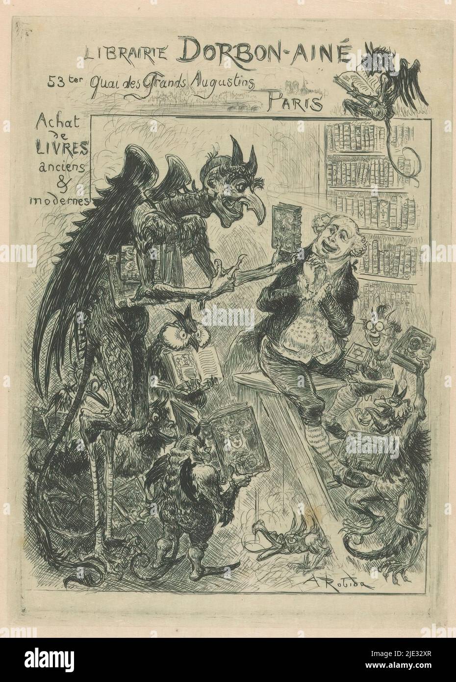 Business card of Dorbon-Ainé bookshop in Paris, Interior of a bookshop with in the center a devil with cocked legs, tail, wings and horns offering a book to a bookseller sitting on a library step in front of a bookcase. In the room eight other devils or fantasy figures, most of whom are holding books., print maker: Albert Robida, (mentioned on object), publisher: Librairie Dorbon-Ainé, (possibly), 1901 - 1924, paper, etching, drypoint, height 160 mm × width 116 mm Stock Photo