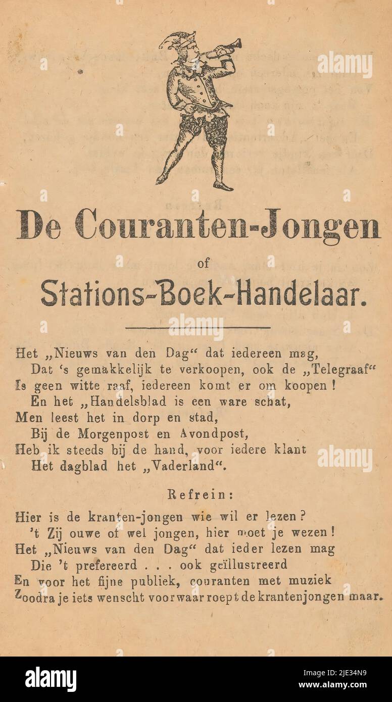 Jester blowing a trumpet, The Courant Boy or Station Book Dealer (title on object), print maker: anonymous, publisher: E.P.A. Geer (II), Amsterdam, c. 1900, paper, letterpress printing, height 172 mm × width 103 mm Stock Photo