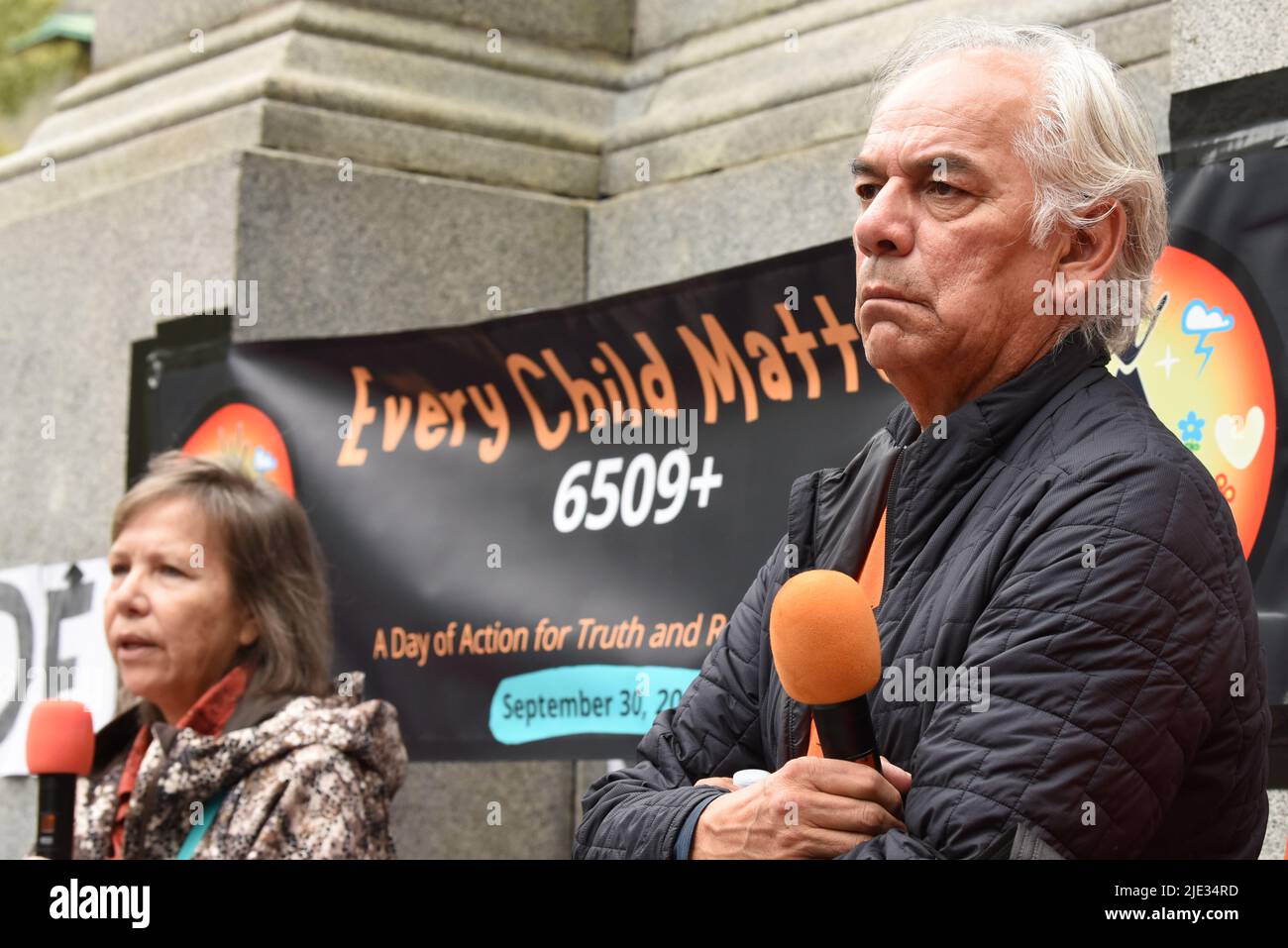 Ghislain Picard, chief of Assembly of First Nations Quebec and Labrador, at the Montreal demonstration for National Day for Truth and Reconciliation highlighting the dark past of Indian Residential Schools in Canada, September 2021 Stock Photo