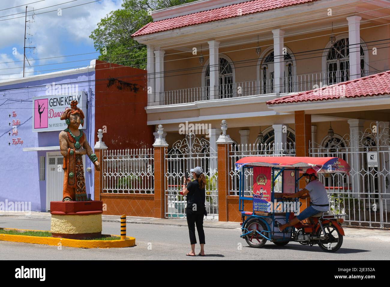 Tourist taking photos in the town of Ticul Yucatan Mexico Stock Photo
