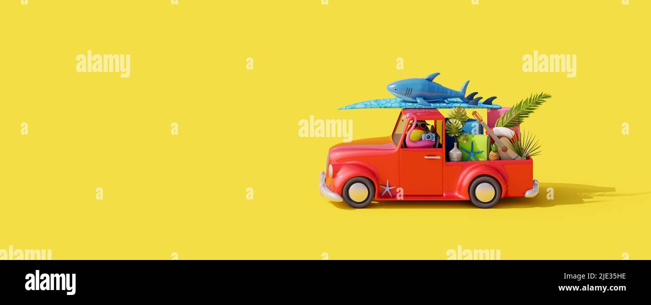 Red car with luggage and beach accessories ready for summer travel. Creative summer concept on yellow background 3D Render 3D illustration Stock Photo