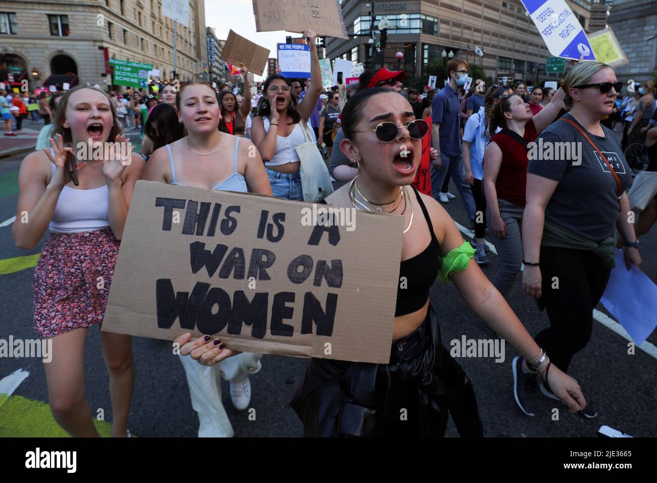 Abortion rights protesters demonstrate after the U.S. Supreme Court ruled in the Dobbs v Women’s Health Organization abortion case, overturning the landmark Roe v Wade abortion decision in Boston, Massachusetts, U.S., June 24, 2022. REUTERS/Brian Snyder Stock Photo