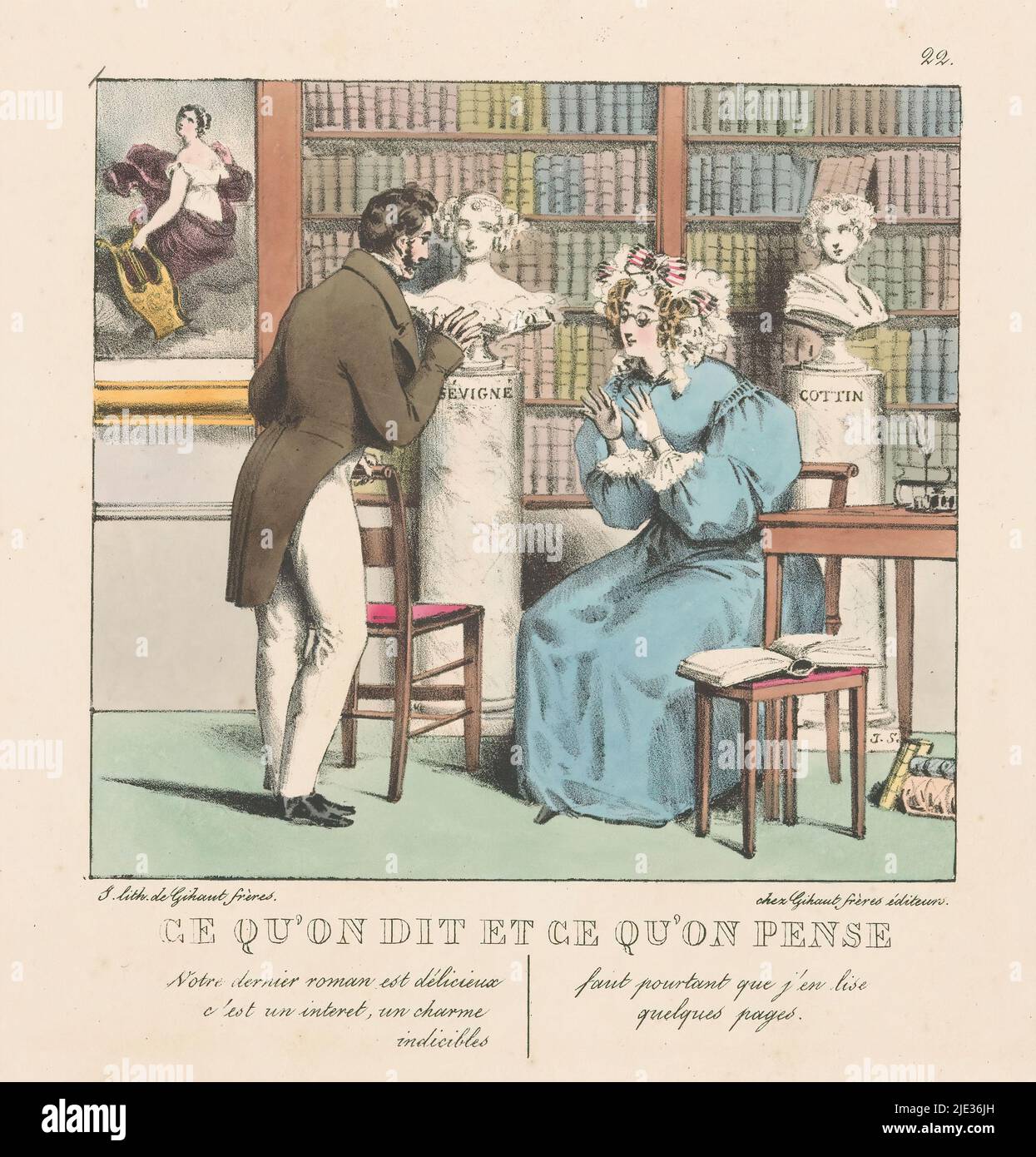 Man in conversation with a French writer, What people say and what they think (series title), Ce qu'on dit et ce qu'on pense (series title on object), In front of the bookcase are busts of the writers Madame de Sévigné and Sophie Ristaud Cottin., print maker: Jean Gabriel Scheffer, (mentioned on object), printer: Gihaut frères, (mentioned on object), publisher: Gihaut frères, (mentioned on object), Paris, 1829, paper, height 223 mm × width 264 mm Stock Photo