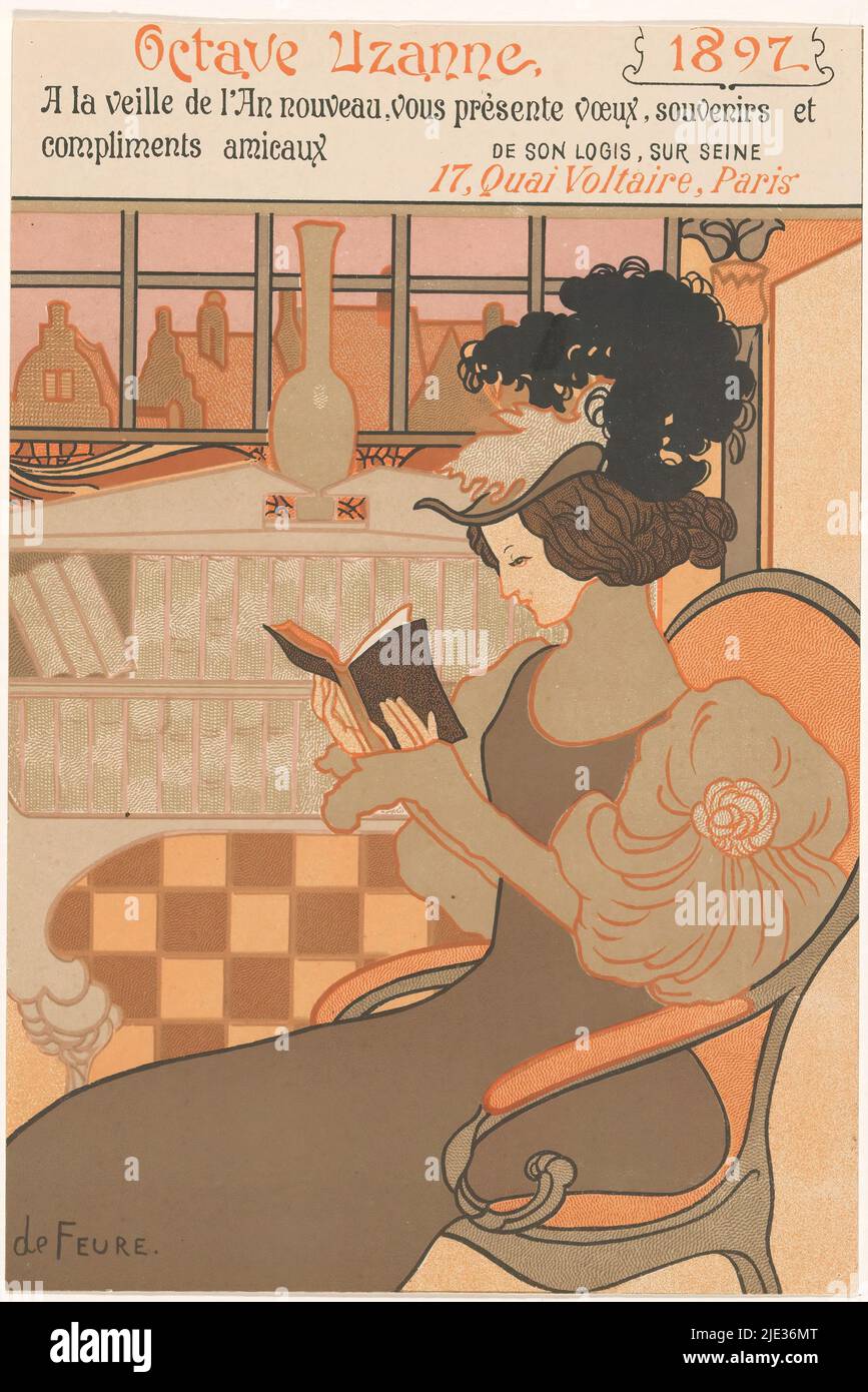 New Year's greeting by Octave Uzanne for the year 1897, A woman reading in a chair in front of a bookcase with a vase on top. In the background a window overlooking the roofs of houses., print maker: Georges de Feure, (mentioned on object), after own design by: Georges de Feure, (mentioned on object), 1896, paper, height 218 mm × width 147 mm Stock Photo