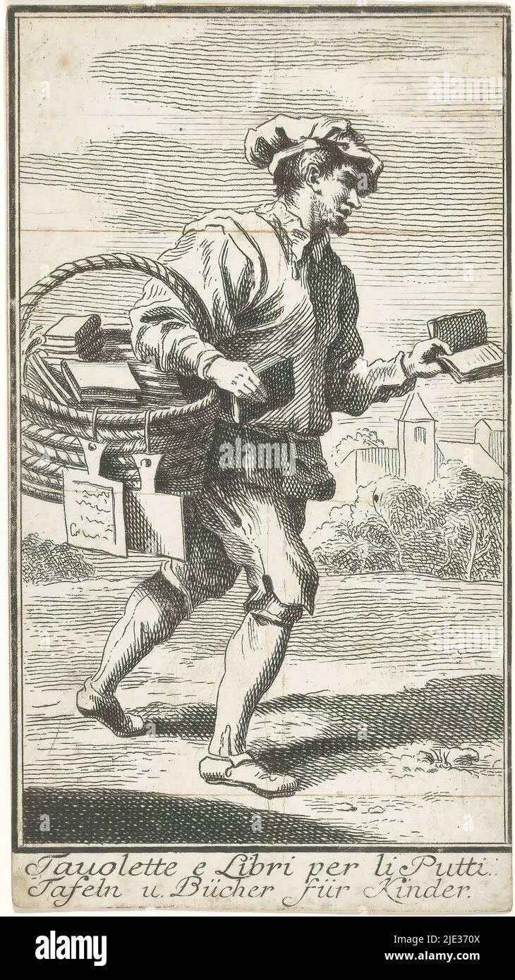 Itinerant bookseller, Tavolette e libri per li putti / Tafeln u. Bücher für Kinder (title on object), A man in a landscape with a basket of books on his right arm. Two writing boards hang from the basket., print maker: anonymous, (mentioned on object), after design by: Annibale Carracci, 1700 - 1799, paper, etching, engraving, height 139 mm × width 76 mm Stock Photo