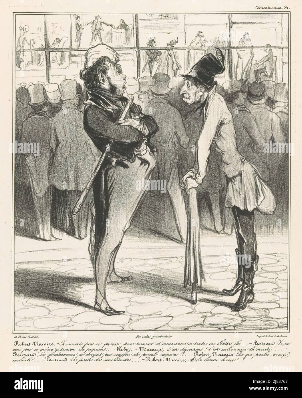 Robert-Macaire in conversation with Bertrand in front of the window of a print shop, Caricaturana (series title on object), print maker: Honoré Daumier, after design by: Charles Philipon, (mentioned on object), printer: Aubert & Junca, (mentioned on object), Paris, 1838, paper, height 358 mm × width 272 mm Stock Photo