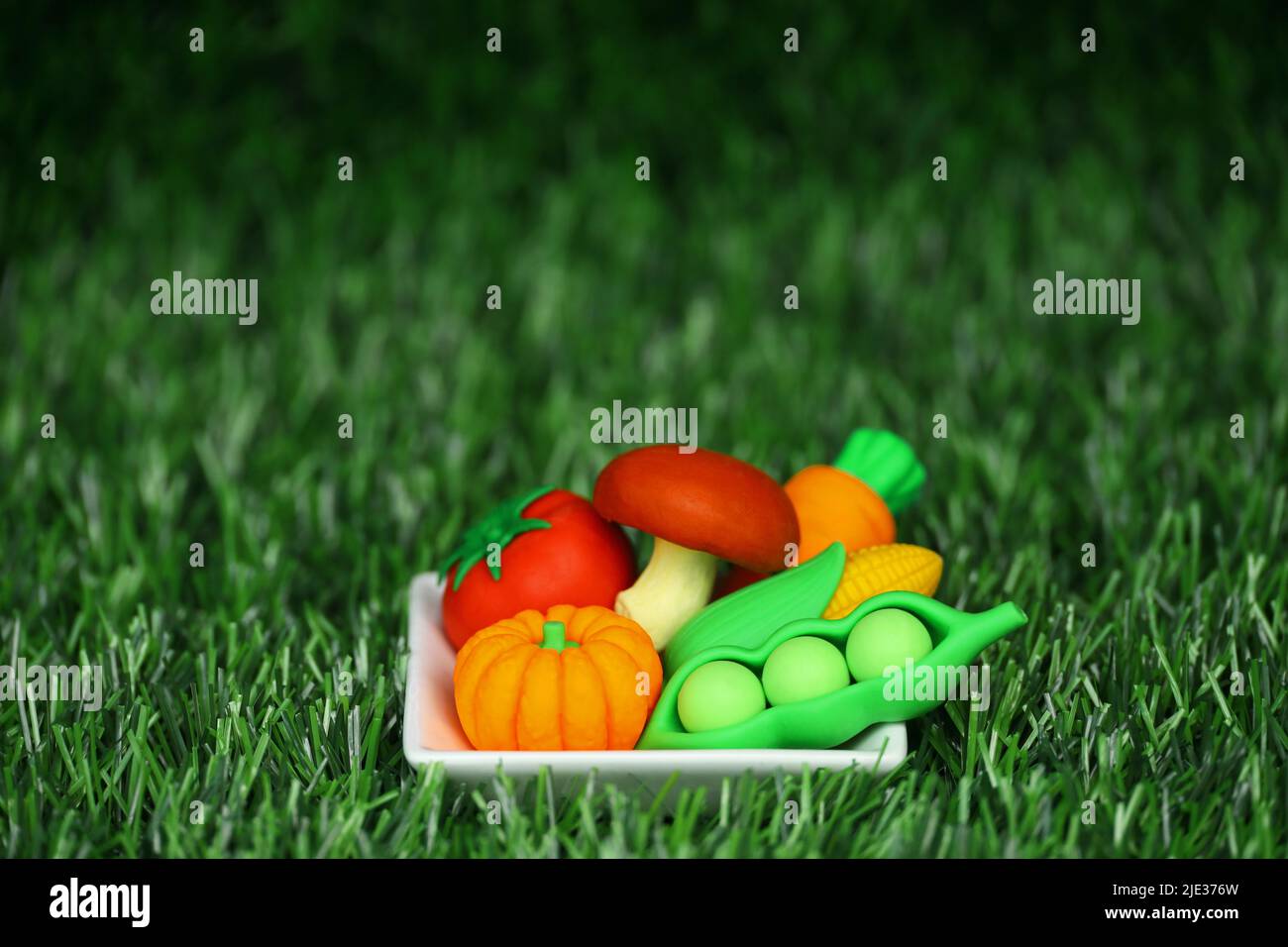Miniature model of colorful vegetables arrangement on a white plate Stock Photo