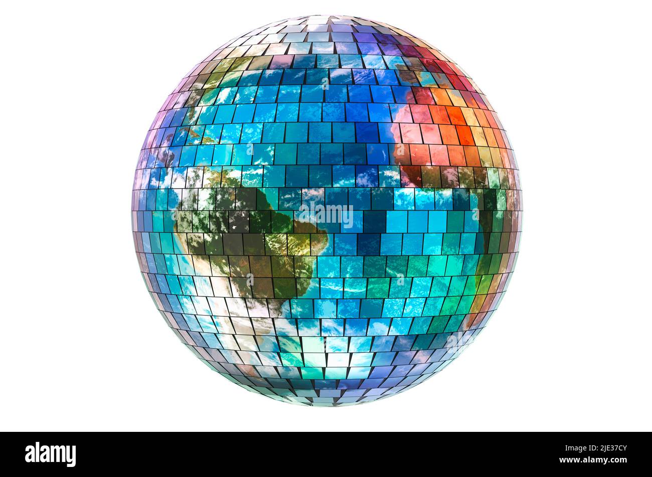 Mirror disco ball with Earth map texture, 3D rendering isolated on white background Stock Photo