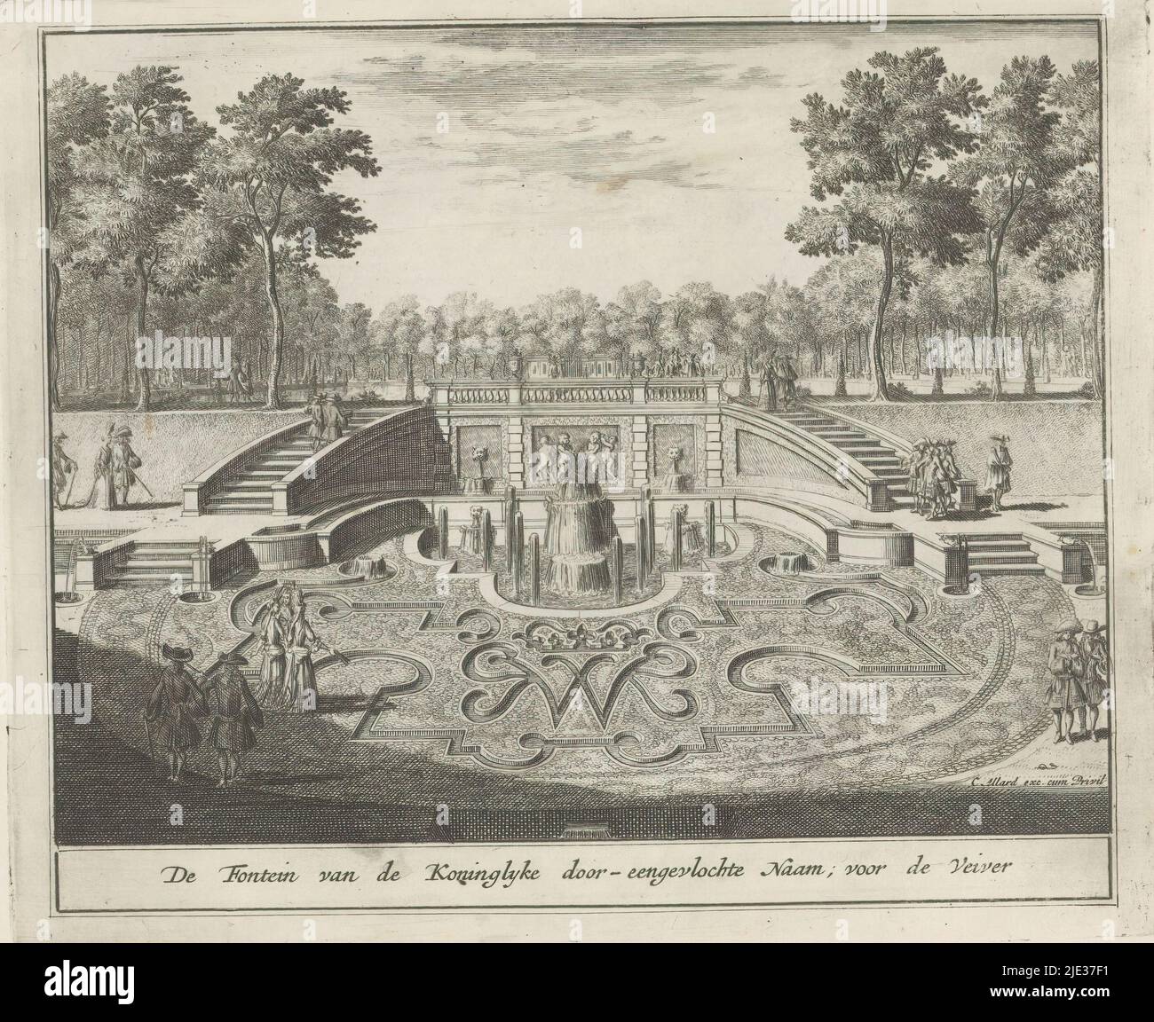 Fountain and parterre with the letters W and M interwoven, The Fountain of the King's interwoven name, in front of the river Veiver (title on object), Neerlands Veldpracht, Of 't Lust Hof gesticht door Z.B.M. Willem III op 't Lo (...) (series title), View of a parterre with the letters W and M interwoven in the gardens of Paleis Het Loo. Print is part of an album., print maker: Laurens Scherm, after drawing by: Laurens Scherm, publisher: Carel Allard, (mentioned on object), Amsterdam, 1689 - 1701 and/or 1702, paper, etching, height 172 mm × width 206 mm Stock Photo