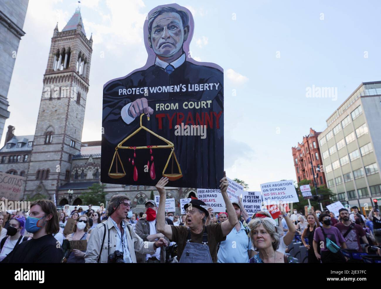 Abortion rights protesters demonstrate after the U.S. Supreme Court ruled in the Dobbs v Women’s Health Organization abortion case, overturning the landmark Roe v Wade abortion decision in Boston, Massachusetts, U.S., June 24, 2022. REUTERS/Brian Snyder Stock Photo