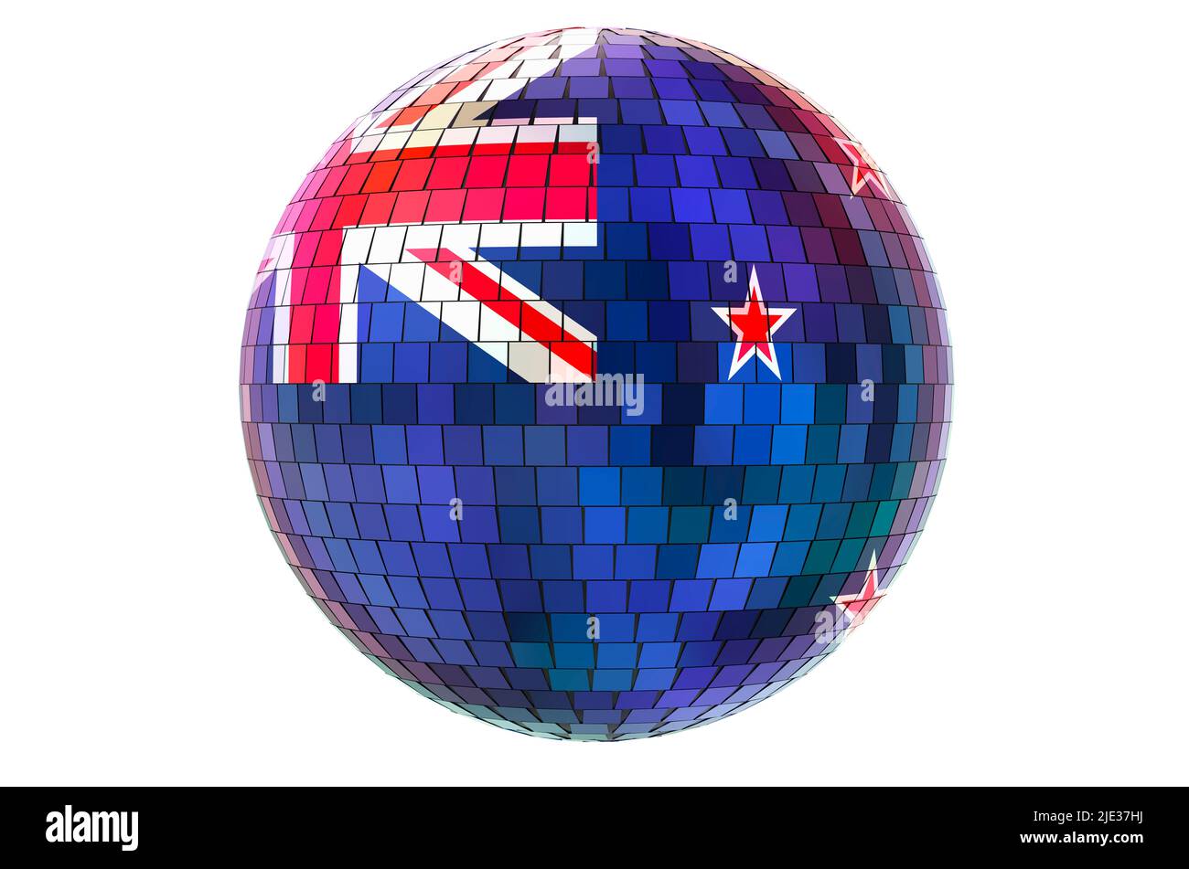 Mirror disco ball with New Zealand flag, 3D rendering isolated on white