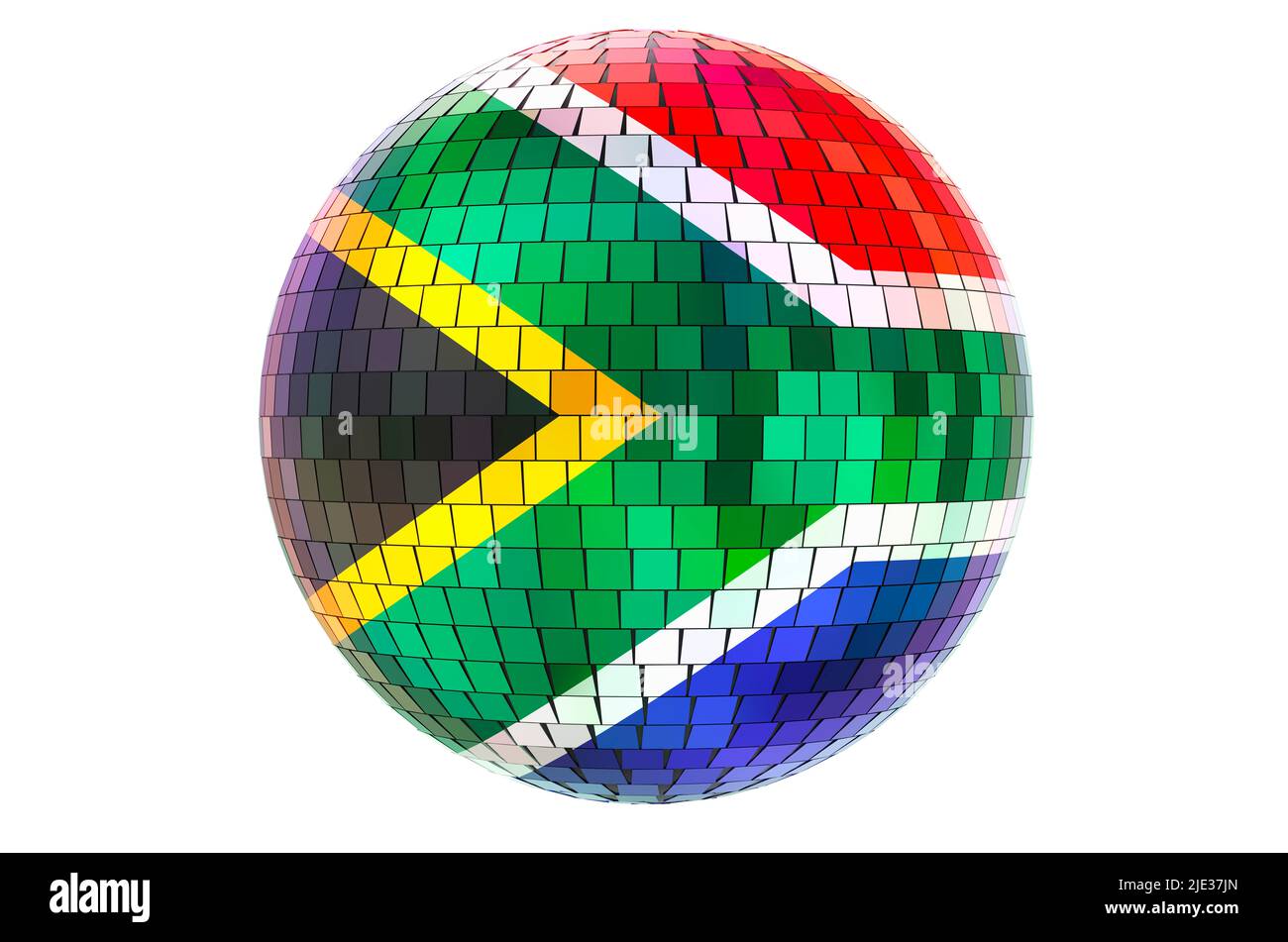 Mirror disco ball with South African flag, 3D rendering isolated on