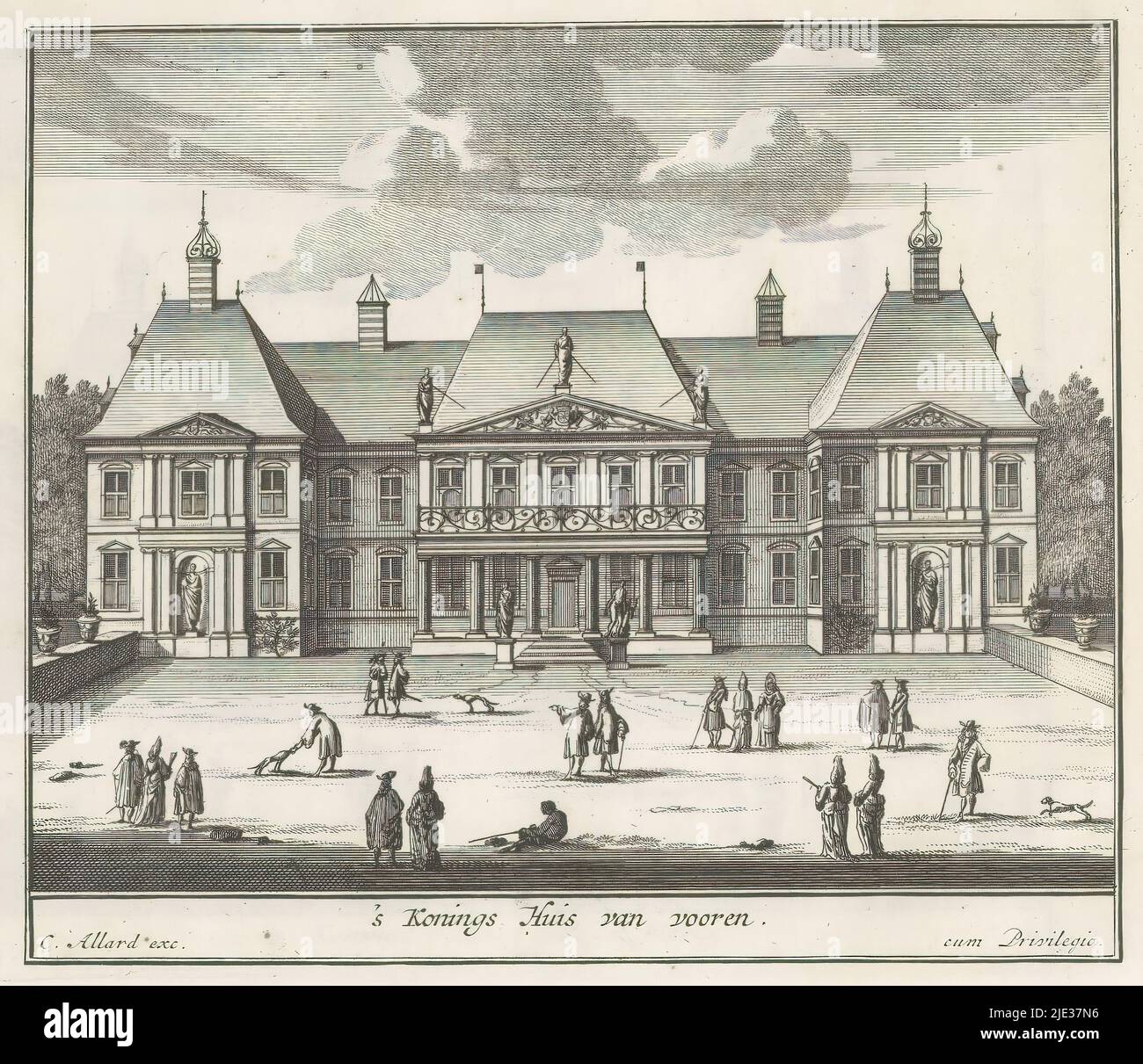 Honselaarsdijk Palace from the front, King's House from the front (title on object), Hollands Lustpark besluitende zyn Britannische majesteits hof-gebouw tot Honslaardyk (series title), The front of Honselaarsdijk Palace with groups of pedestrians on the square in front of the palace. Print is part of an album., print maker: Carel Allard, (attributed to), publisher: Carel Allard, (mentioned on object), Staten van Holland en West-Friesland, (mentioned on object), Amsterdam, 1689 - 1702, paper, etching, height 170 mm × width 205 mm Stock Photo
