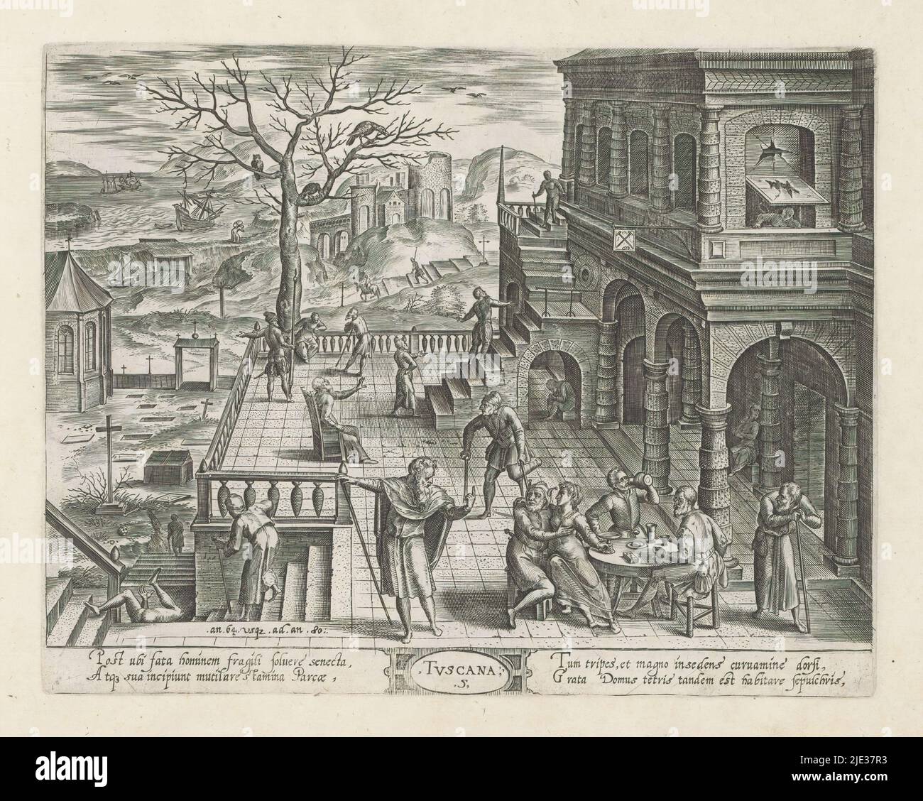 Age from 64 to 80; the Tuscan order, an 64 usque ad an 80 / 5. Tuscana (title on object), Six ages of man / six orders of construction (series title), Theatrum Vitæ Humanæ (series title), Old men walk around the terrace of a dilapidated house, built in the Tuscan order. The window of the house on the upper right is broken. On the terrace, several men sit around a table, one of them with a younger woman on his lap. Another is wearing glasses. Behind them a man with an amputated lower leg. The stairs from the terrace lead to a cemetery. In the margin a four-line text in two columns, in Latin. Th Stock Photo