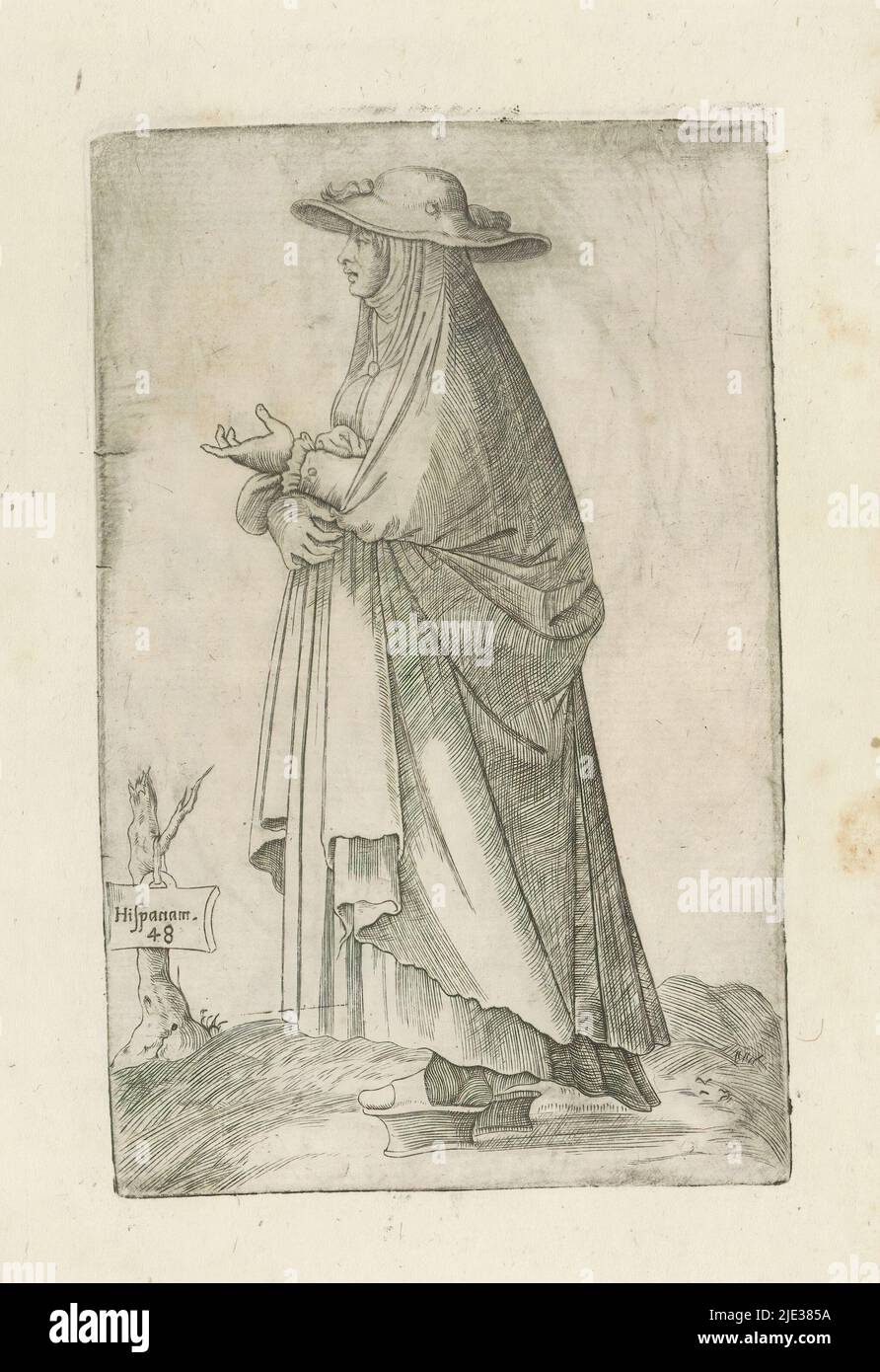 Spanish woman, walking on triplets, Hispana m(ulier) (title on object), Omnium fere gentium nostrae aetatis habitus, nunquam ante hac aediti (series title), A married Spanish woman, to the left, walking on triplets (wooden under shoes) . Hat with wide brim on head, wide cloak. Part of the costume book entitled 'Omnium fere gentium nostrae aetatis habitus, nunquam ante hac aediti', Venice 1569. Reissue from 1569 of the first edition from 1563., print maker: Ferando Bertelli, after print by: Enea Vico, publisher: Ferando Bertelli, Venice, 1569, paper, engraving, height 265 mm × width 195 mm, hei Stock Photo