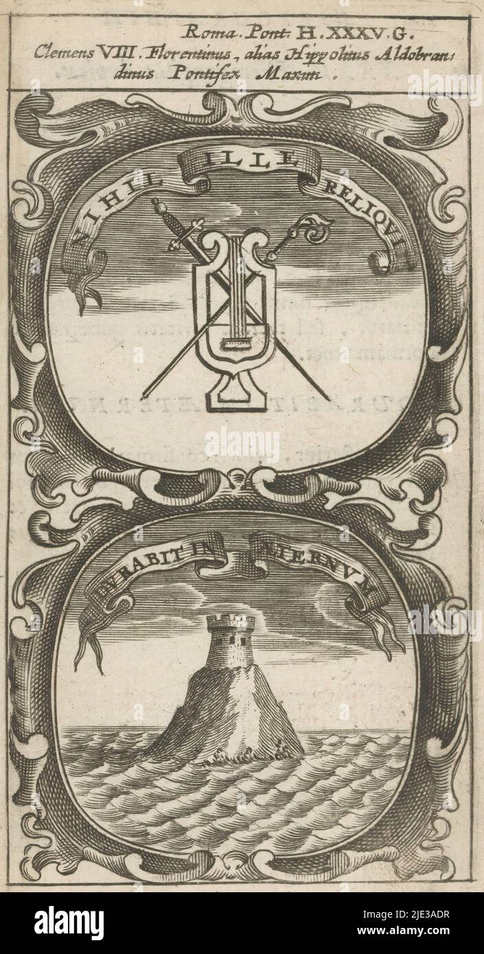 Harp with sword and saber / Tower on a mountain in the sea, Nihil Ille Reliqui / Durabit in Aeternum (title on object), Symbola Divina et Humana Pontificum Imperatorum Regum (series title), An emblem with two representations. Above a harp with a crossed sword and saber. Below a tower on a mountain in the sea. These are mottoes of Pope Clement VIII., print maker: anonymous, after print by: Aegidius Sadeler (II), 1666, paper, engraving, letterpress printing, height 121 mm × width 67 mm Stock Photo