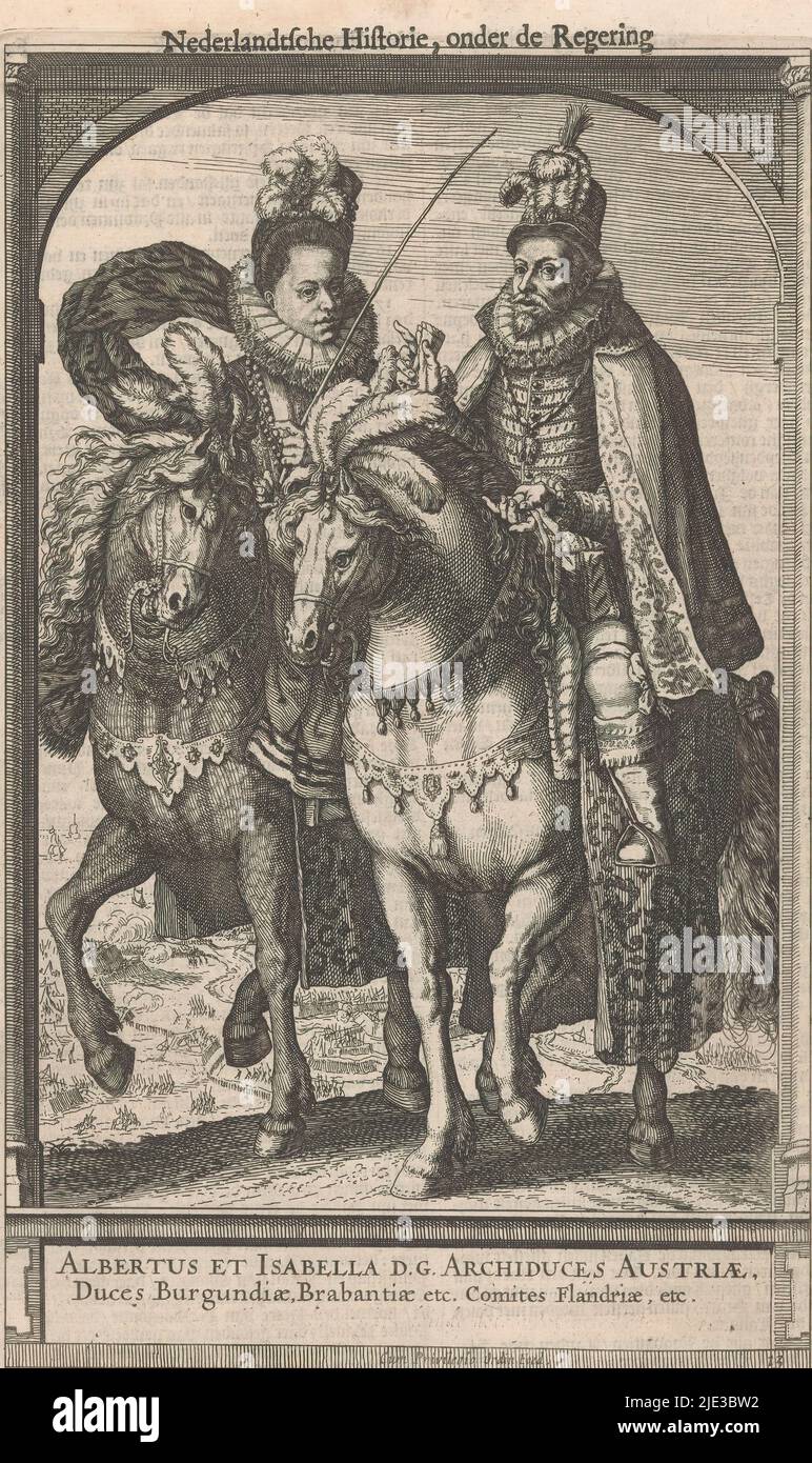Equestrian portrait of Albrecht, archduke of Austria, and Isabella Clara Eugenia, infante of Spain, Bottom right: 13., print maker: anonymous, Staten-Generaal, (mentioned on object), 1600 - 1699, paper, etching, letterpress printing, height 262 mm × width 162 mm Stock Photo