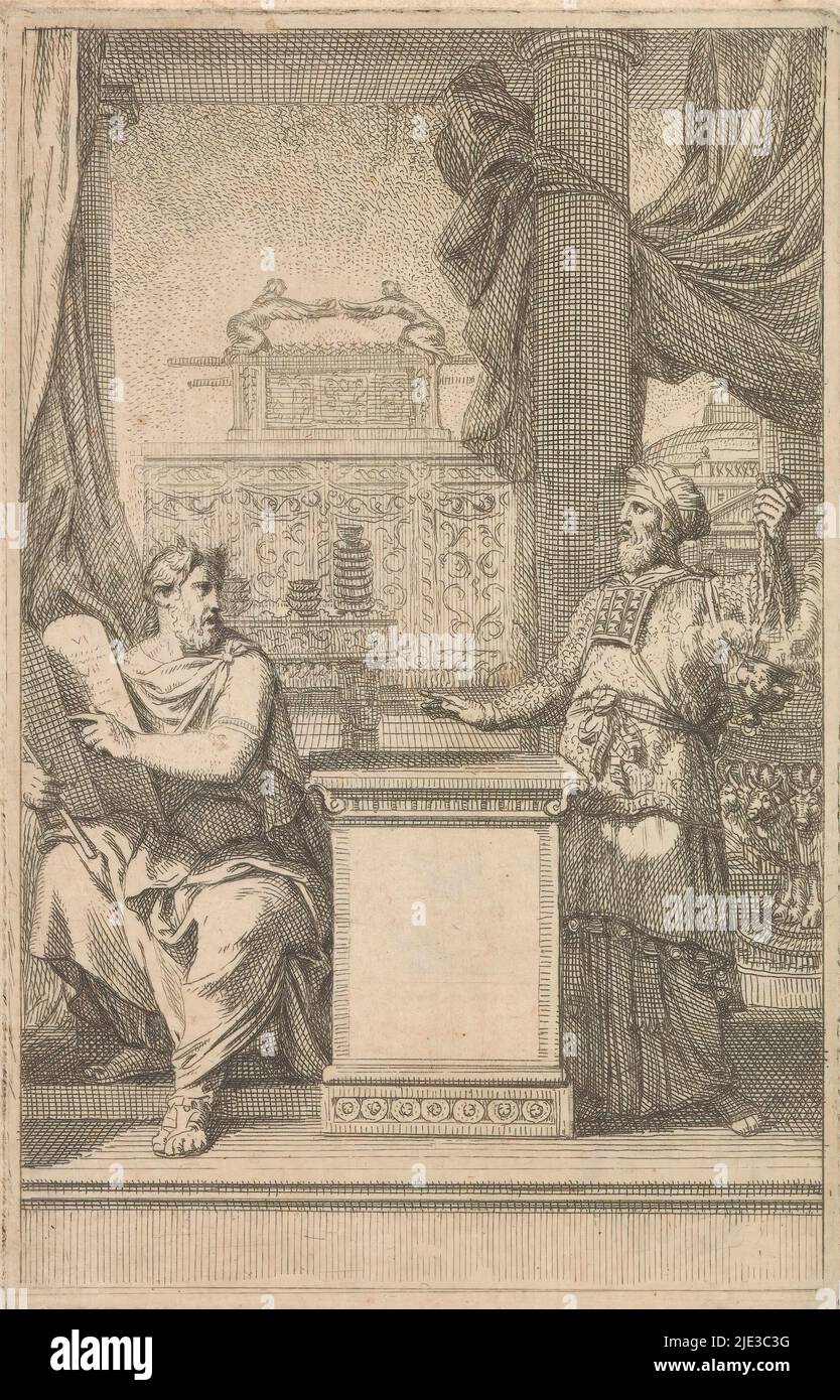 Moses and Aaron, Title page for: T. Godwin, Moses et Aaron, 1698, On the left, Moses sits with the Tablets of the Law in his arms. Opposite him is Aaron holding a censer. In the background the Ark of the Covenant., print maker: Gerard de Lairesse, publisher: Balthasar Lobé, Utrecht, 1698, paper, etching, height 138 mm × width 88 mm Stock Photo