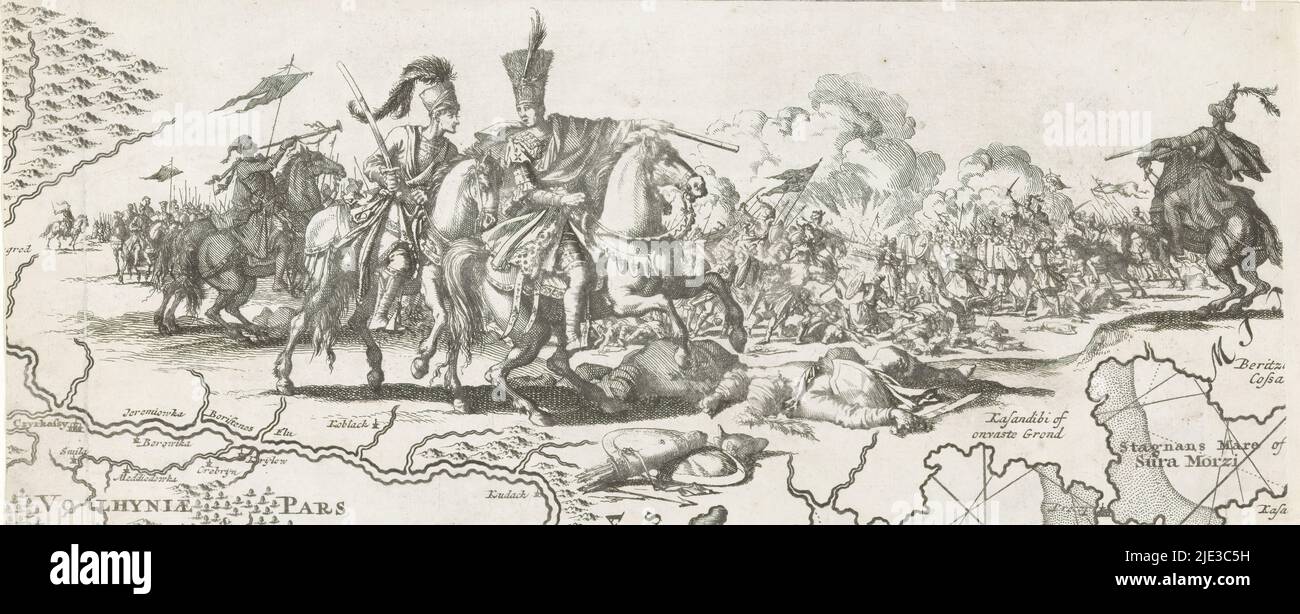 Horsemen on horseback, A battle with horsemen on horseback. Detail of a map of Ukraine, showing the historic region of Wolynia (Volhyniae) on the left., print maker: anonymous, 1700 - 1800, paper, engraving, etching, height 160 mm × width 387 mm Stock Photo